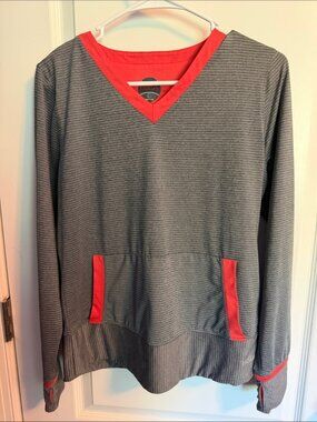 Bollé Athletic Long Sleeve Top Charcoal White Pinstripe Red Contrast V Neck